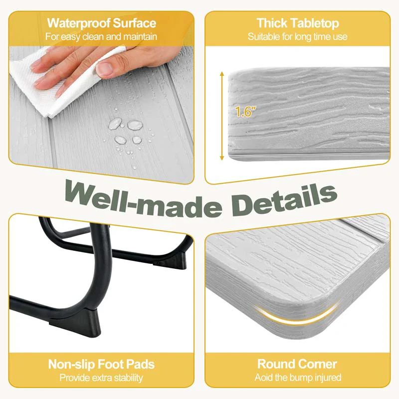 8 Person HDPE Outside Table & Bench Set, Outdoor Square Picnic Table with 4 Built-in Benches, Umbrella Hole, Metal Frame