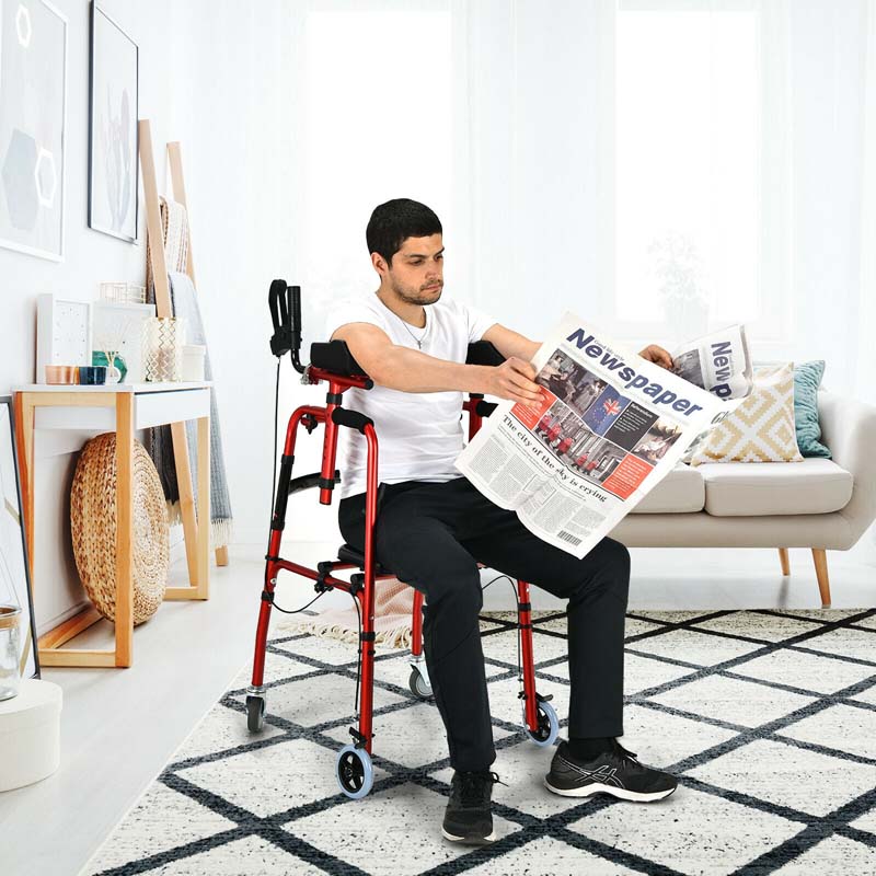 2 in 1 Folding Upright Walker Height Adjustable Rollator Walker with Seat & Wheels, Mobility Walking Aid for Seniors