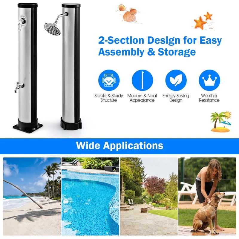 7.2 FT 10 Gallon Solar-Heated Outdoor Shower, 360° Swivel Shower Head Freestanding Shower for Poolside Beach
