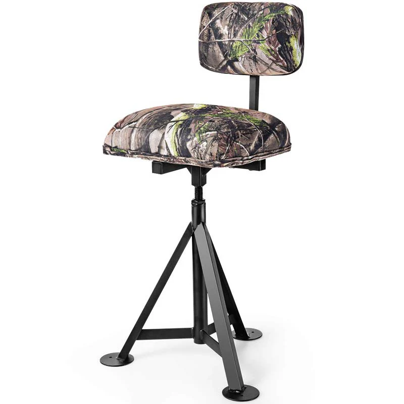 360° Camo Swivel Hunting Chair for Outdoor Activities, Height Adjustable Tripod Blind Stool Chair with Detachable Backrest, Padded seat