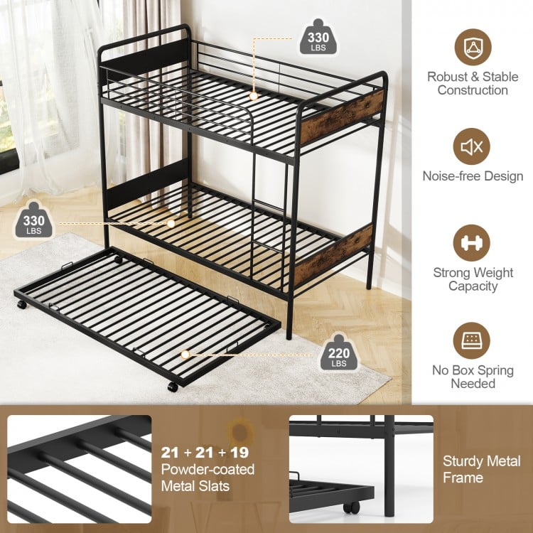 Twin Over Twin Bunk Bed with Trundle with Ladder and Full-length Guardrails