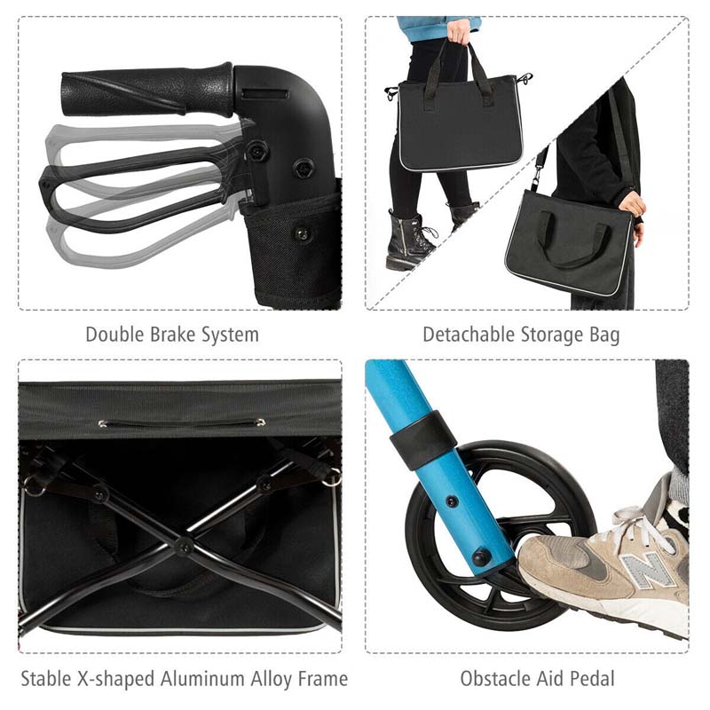 Folding Rollator Walker with Seat & Storage Bag, Lightweight Medical Walker Rolling Mobility Walking Aid