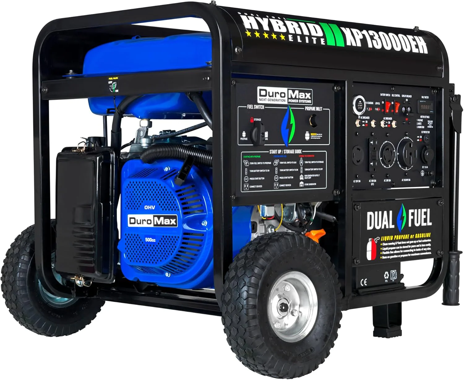 DuroMax XP13000EH 13,000-Watt Dual Fuel Portable Generator - Gas & Propane, Electric Start, Whole Home Backup Power, Transfer Switch Ready, RV & Emergency Ready