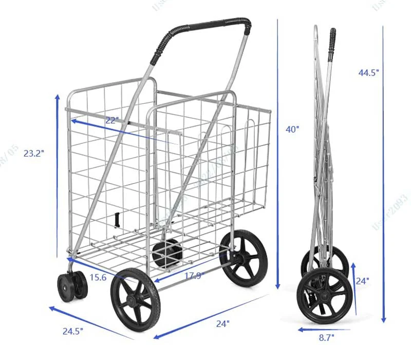 Jumbo Folding Shopping Cart Large Rolling Grocery Utility Cart with Double Basket & 360° Swivel Wheels