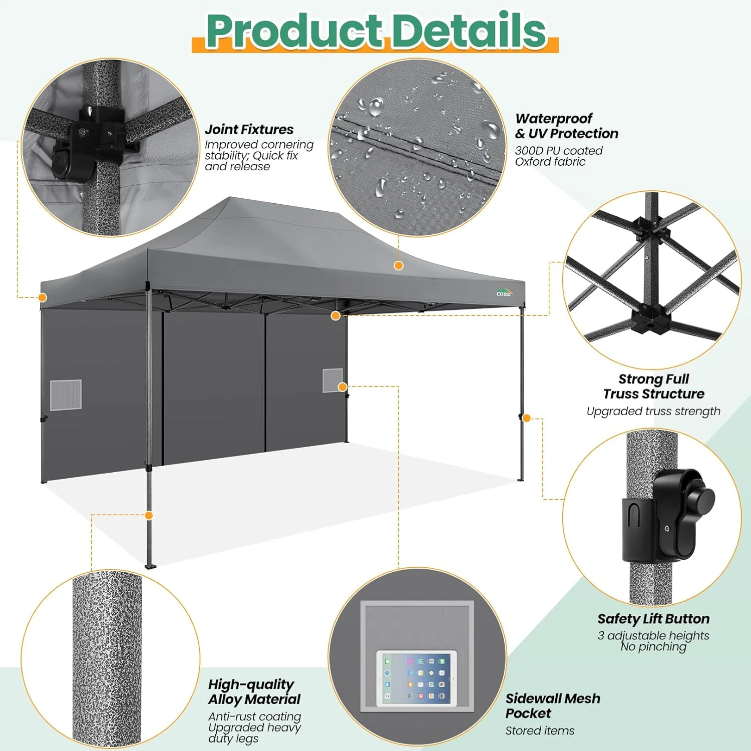 COBIZI 10x20 Heavy Duty Pop up Canopy Tent with 6 sidewalls Easy Up Commercial Outdoor Canopy Wedding Party Tents for Parties All Season Wind & Waterproof Gazebo with Roller Bag,Black(Frame Thickened)