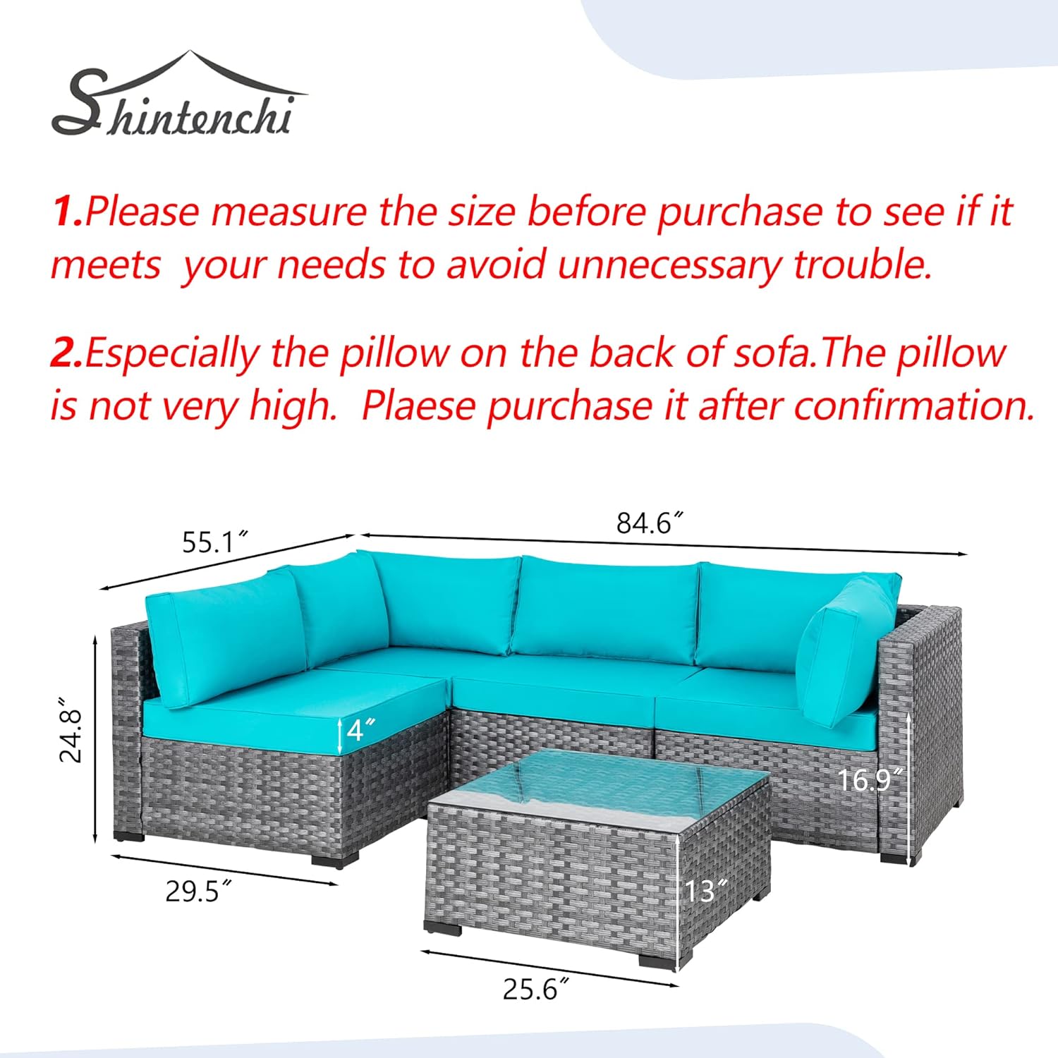 Shintenchi 5 Pieces Outdoor Patio Sectional Sofa Couch, Silver Gray PE Wicker Furniture Conversation Sets with Washable Cushions & Glass Coffee Table for Garden, Poolside, Backyard (Aegean Blue)