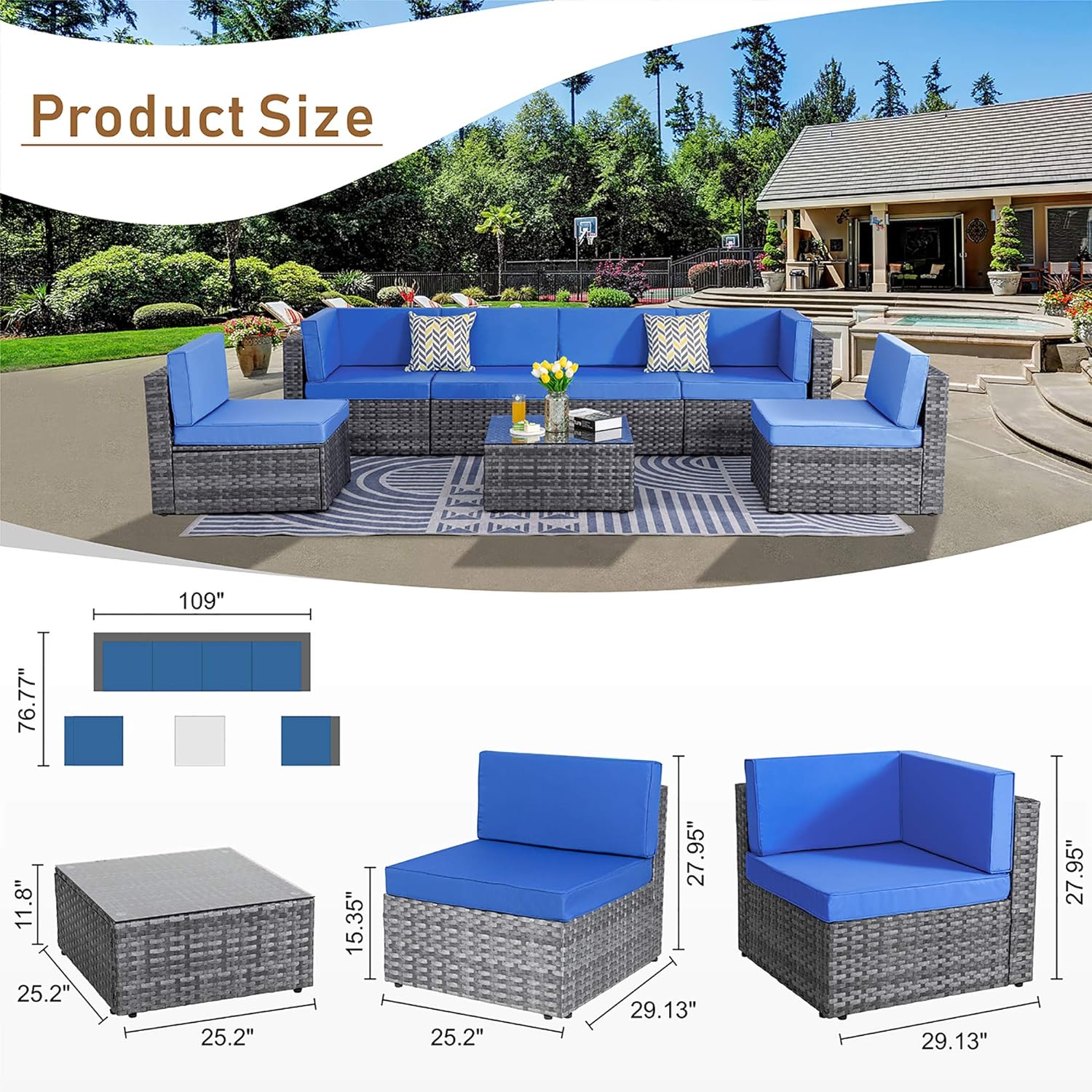 Shintenchi 5 Pieces Outdoor Patio Sectional Sofa Couch, Silver Gray PE Wicker Furniture Conversation Sets with Washable Cushions & Glass Coffee Table for Garden, Poolside, Backyard (Aegean Blue)