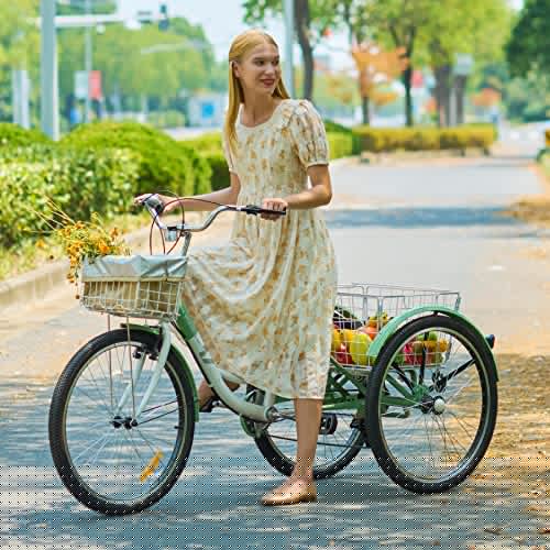 Viribus Adult Tricycle 7-Speed, 24′′ Wheels, High Carbon Steel Frame, Front & Rear Baskets, Adjustable Saddle