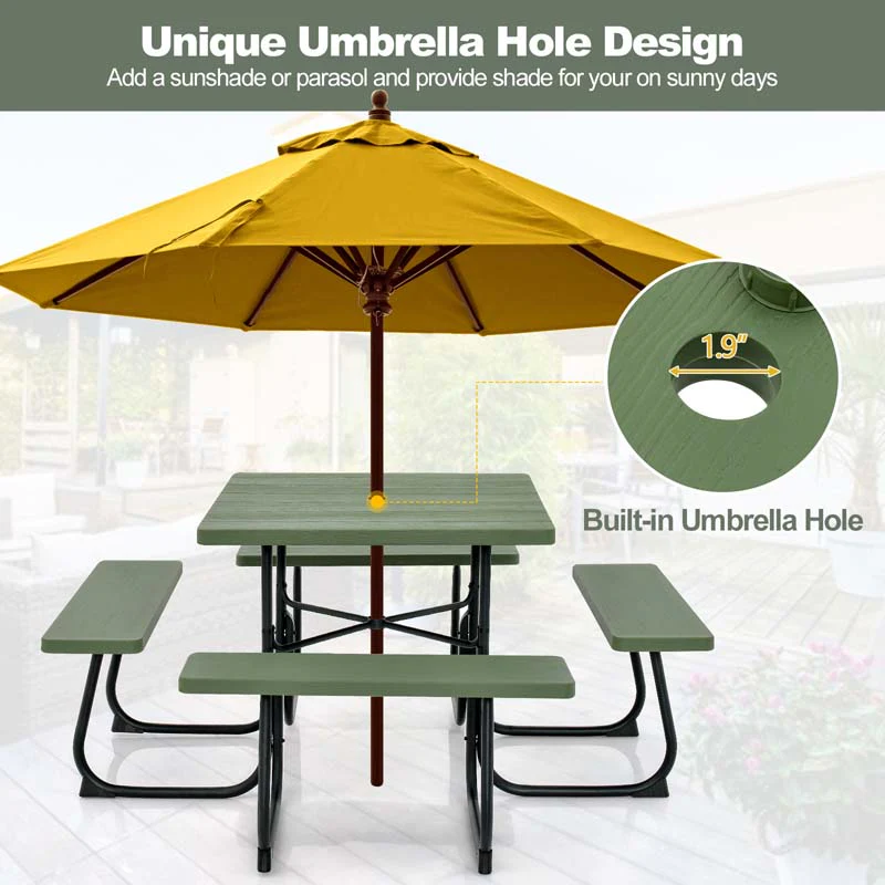 8 Person HDPE Outside Table & Bench Set, Outdoor Square Picnic Table with 4 Built-in Benches, Umbrella Hole, Metal Frame