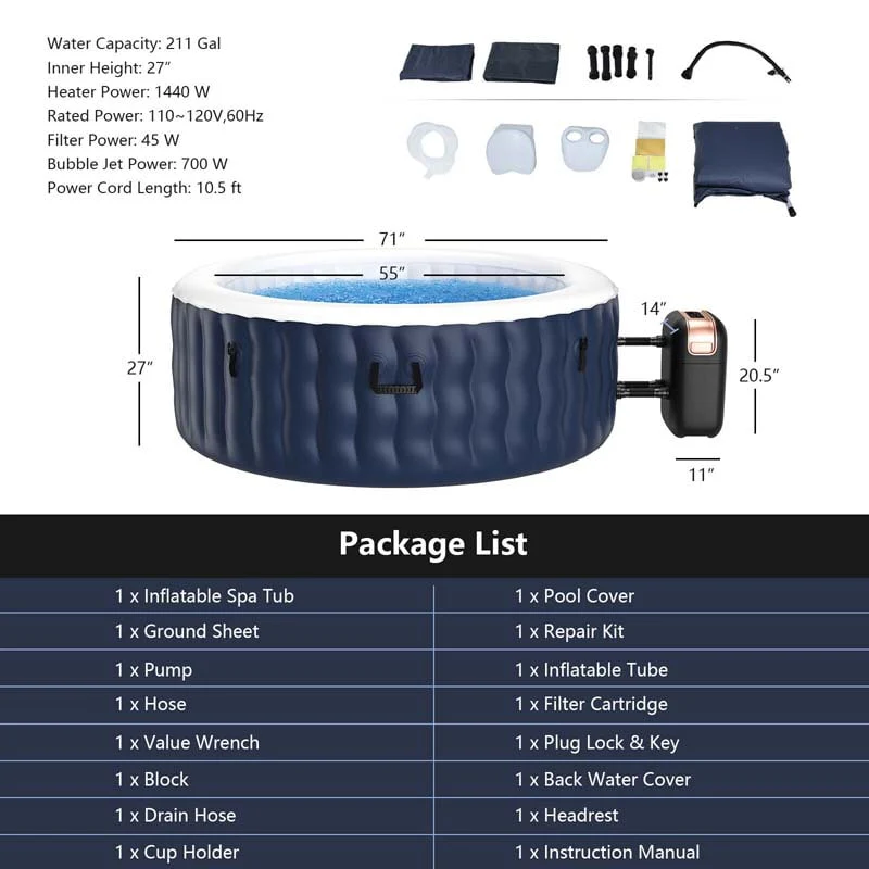 4-Person SaluSpa Inflatable Hot Tub Spa with 108 Massage Bubble Jets, Air Pump, Filter Cartridge & Cover, Portable Outdoor Blow Up Spa