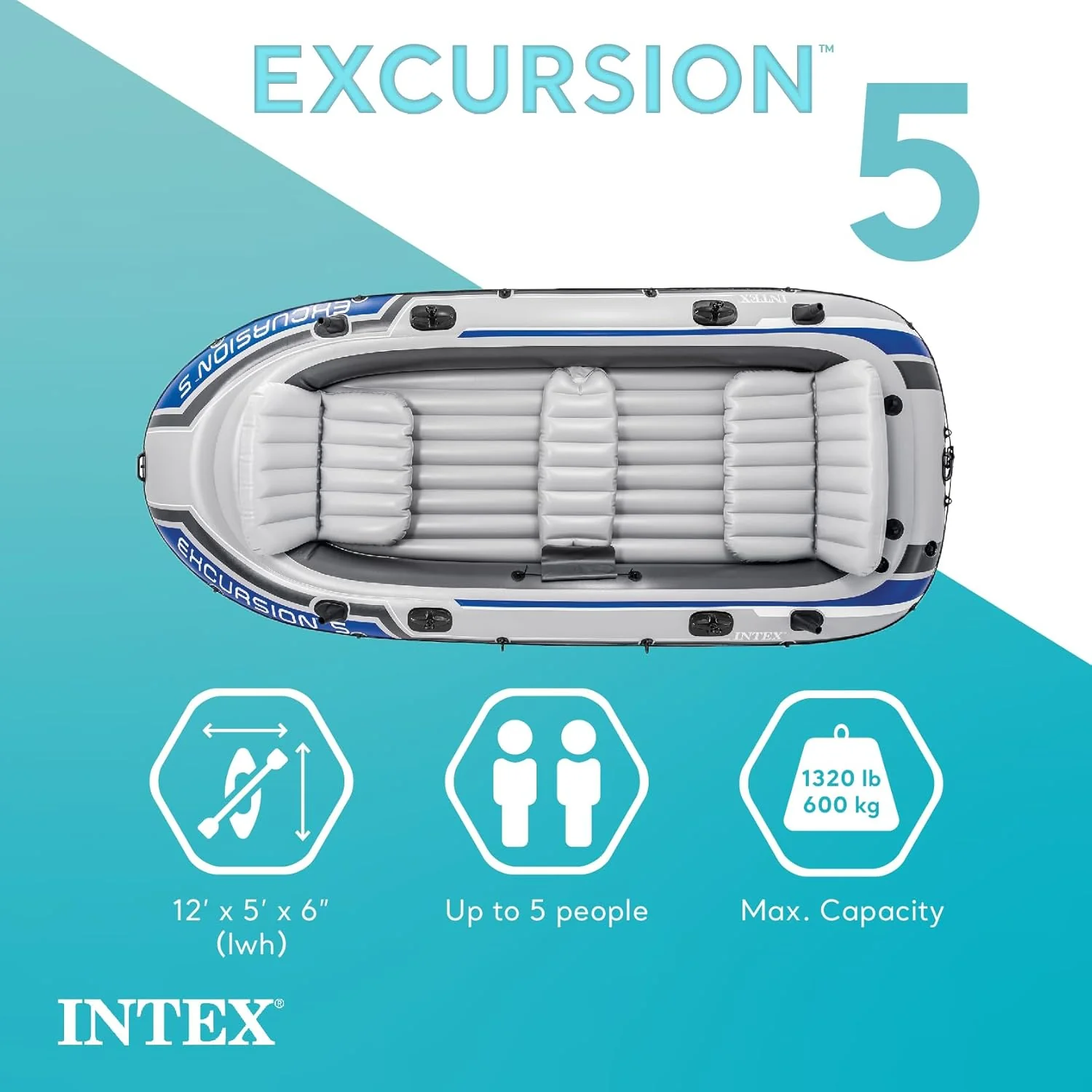 INTEX Excursion Inflatable Boat Series: Includes Deluxe 54in Boat Oars and High-Output Pump �C SuperTough PVC �C Adjustable Seats with Backrest �C Fishing Rod Holders �C Welded Oar Locks