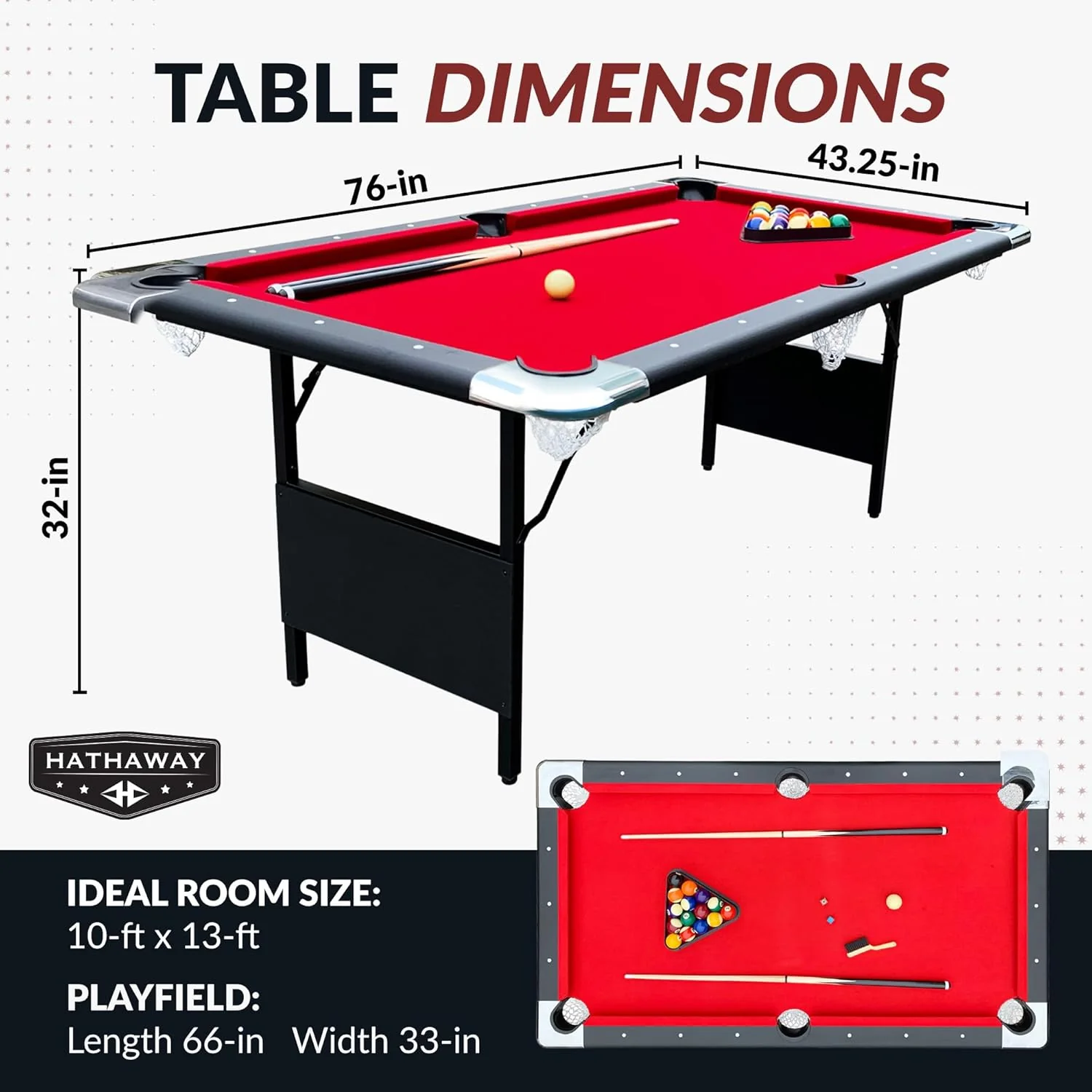 Hathaway Fairmont 6 Ft Portable Pool Table, Adults Folding Billiards Tables for Game Room with Easy Foldable Storage, Includes Full Set of Billiard Balls, Cues, Chalk & Brush