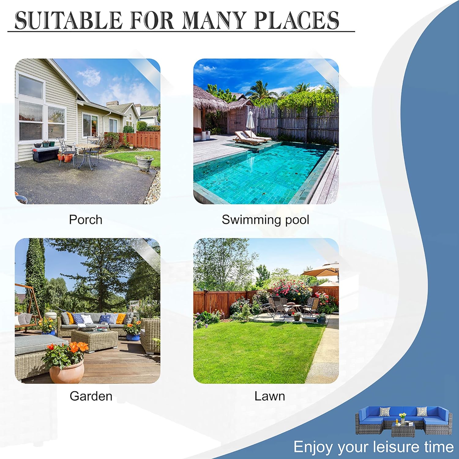 Shintenchi 5 Pieces Outdoor Patio Sectional Sofa Couch, Silver Gray PE Wicker Furniture Conversation Sets with Washable Cushions & Glass Coffee Table for Garden, Poolside, Backyard (Aegean Blue)