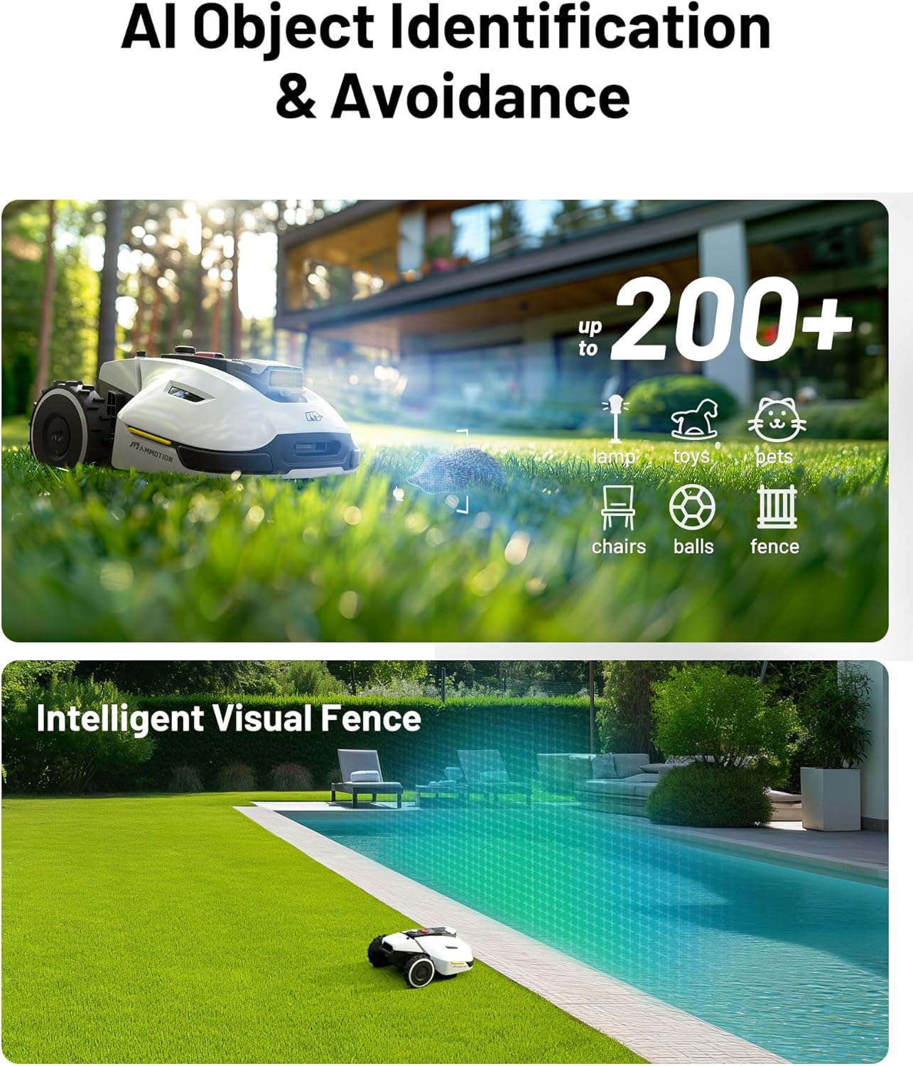 YUKA Mini 500H Robot Lawn Mower Reception 0.12 Acre, Max. 0.17 Acre, Ultrasense AI Vision+ RTK Positioning, Auto Mapping, App Control,45% Slope, Cutting Height 2''~3.5'', 3 Mowing Zones