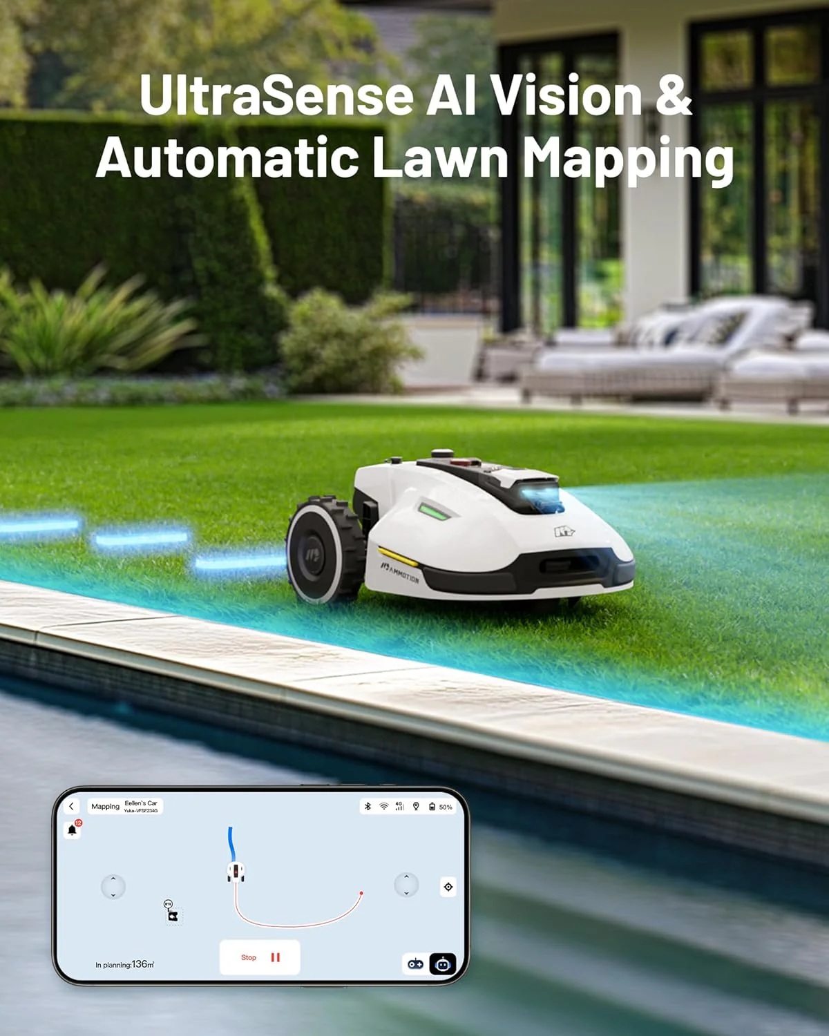 YUKA Mini 500H Robot Lawn Mower Reception 0.12 Acre, Max. 0.17 Acre, Ultrasense AI Vision+ RTK Positioning, Auto Mapping, App Control,45% Slope, Cutting Height 2''~3.5'', 3 Mowing Zones