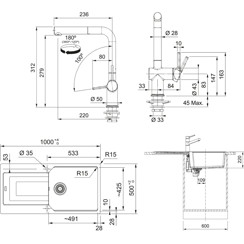 Franke Urban Ubg 611-100 Granit Eviye + Active Plus Doccia 2.0 Armatür (Bianco)