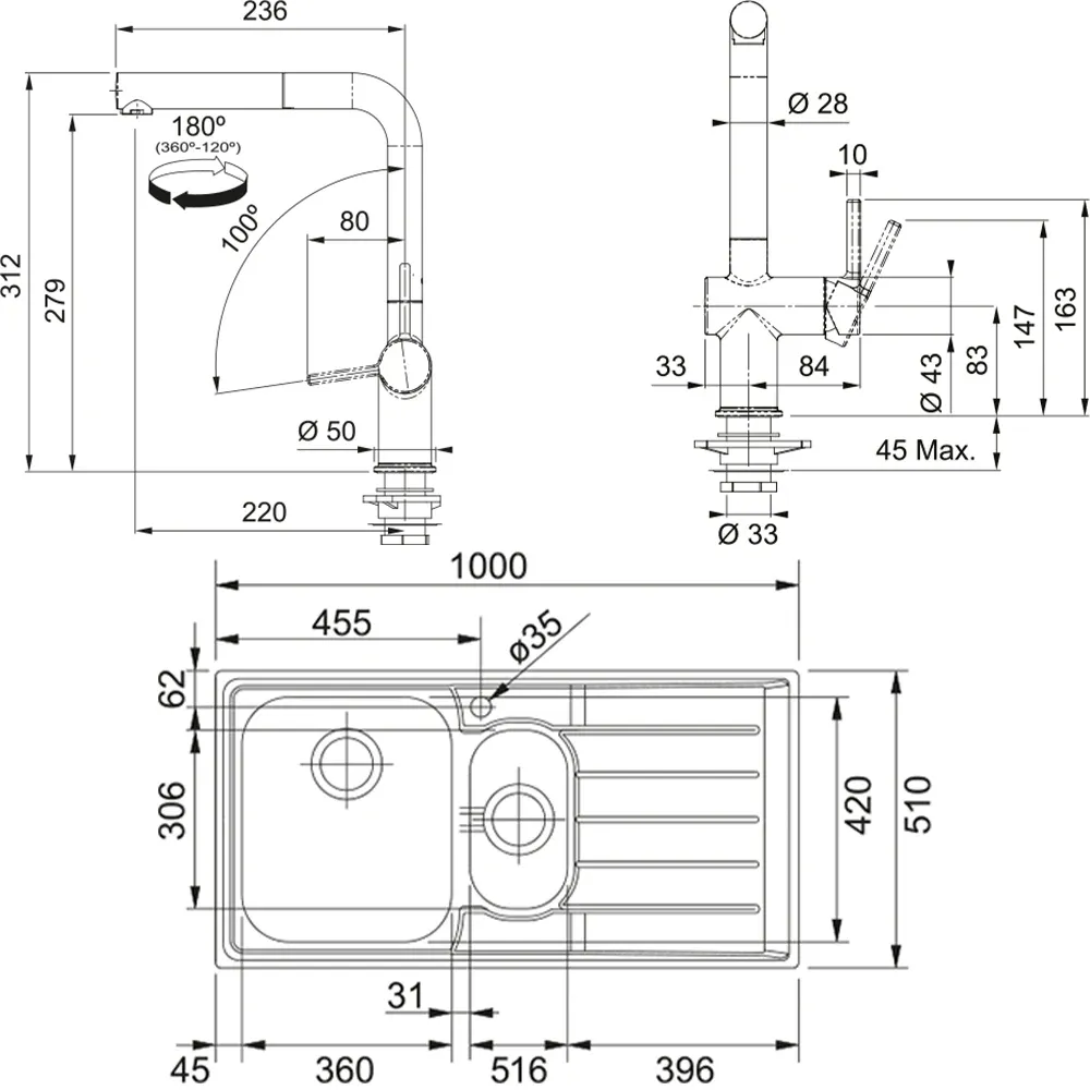 Franke Neptun NEX 651-100 Sağ Damlalıklı Evye + Active Plus Doccia Armatür Seti
