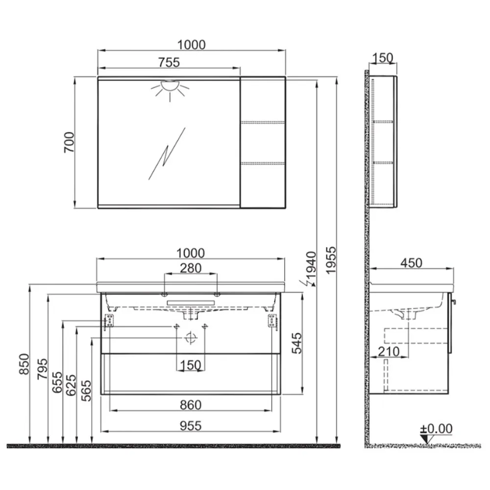 Kale Trevi 100 Cm Antrasit-Ceviz Banyo Dolabı Takımı