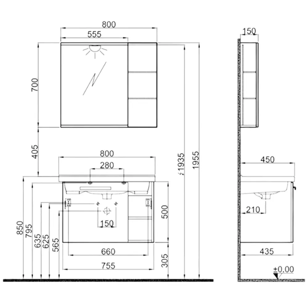 Kale Mare 100 Cm Beyaz-Meşe Banyo Dolabı Takımı