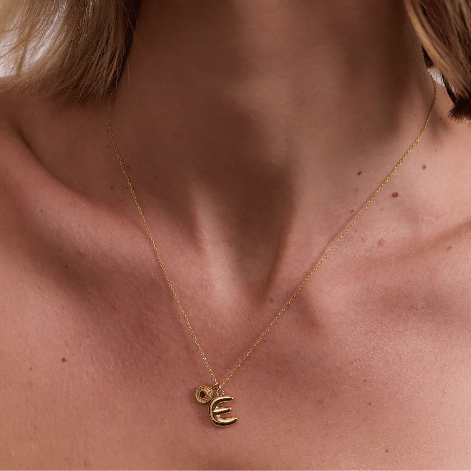 Bubble Letter Necklace with Birthstone - Gold