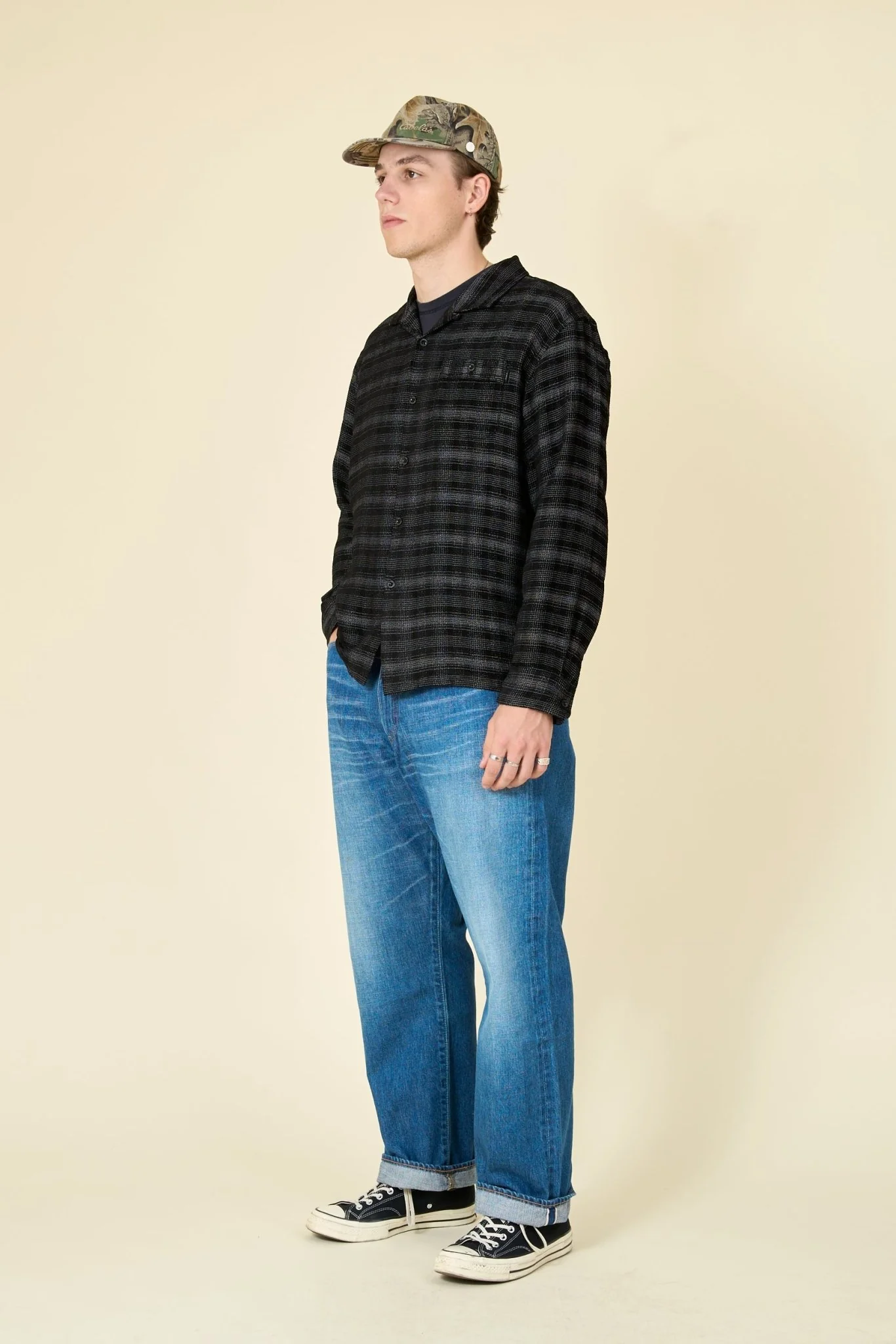 Rats Open Collar Ombre Shirt - Black / Gray Check