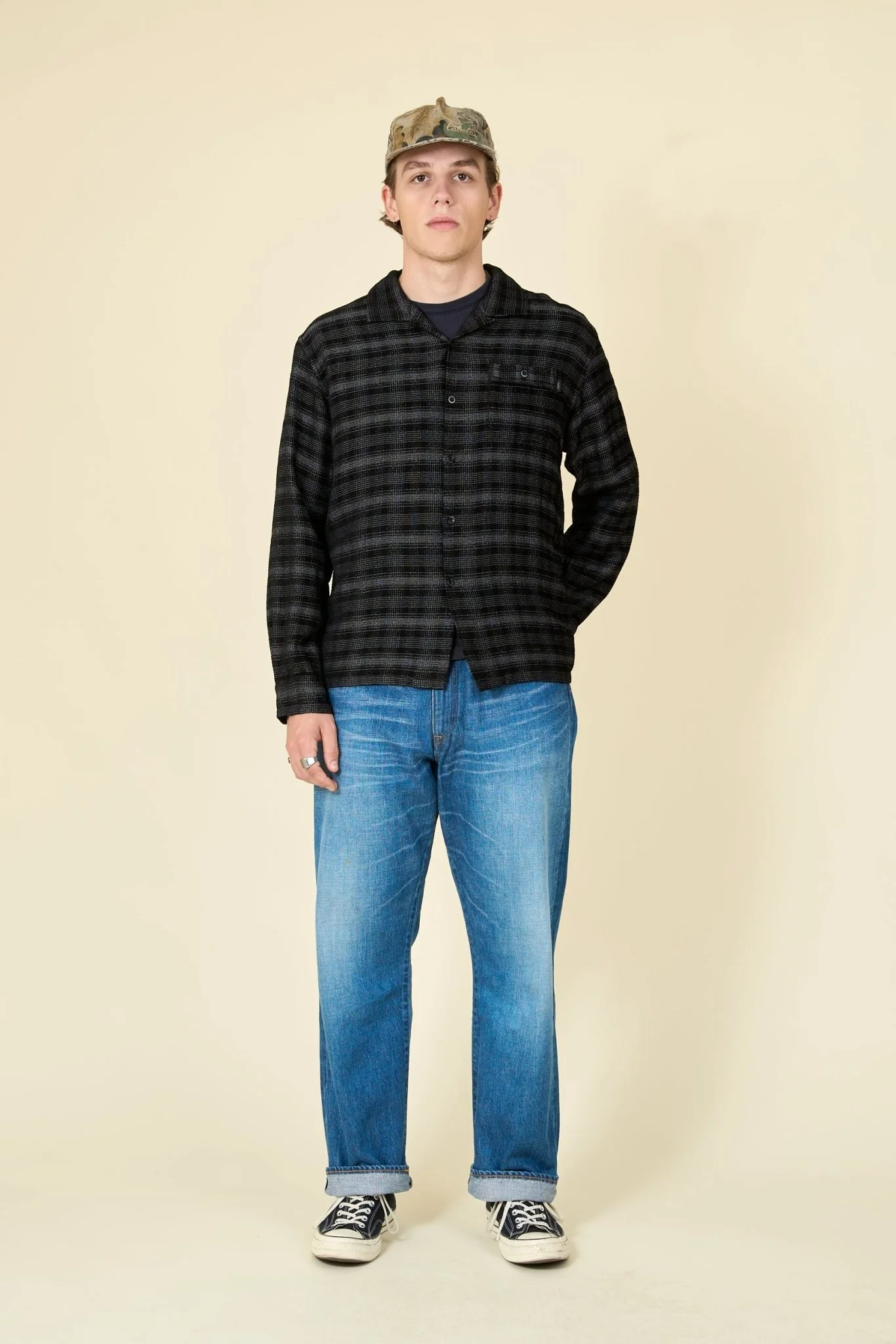 Rats Open Collar Ombre Shirt - Black / Gray Check