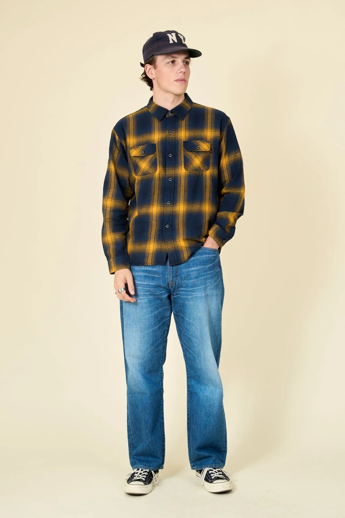 Rats Cotton Linen Check Shirt - Navy / Yellow