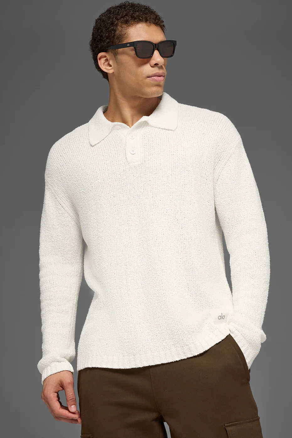 Textured Knit Long Sleeve Polo - Ivory