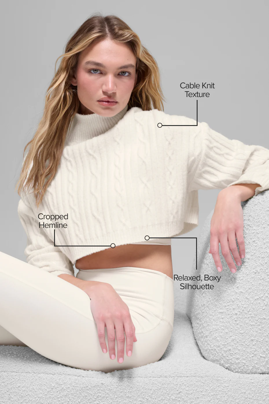 Cable Knit Cropped Winter Bliss Turtleneck Long Sleeve - Ivory