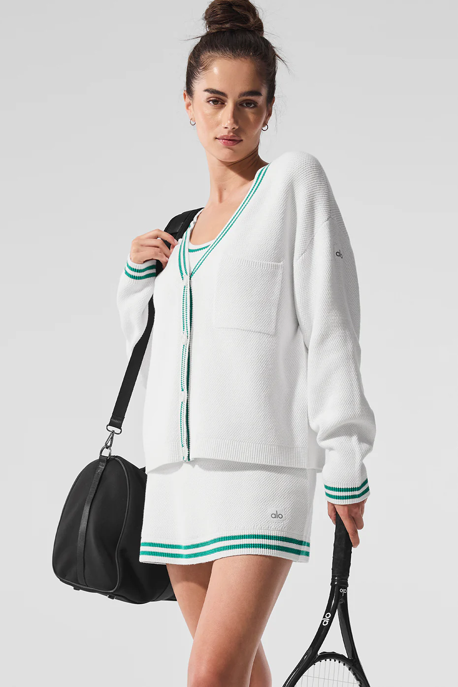 Tennis Club Sweater Knit Cardigan - White/Spruce Green