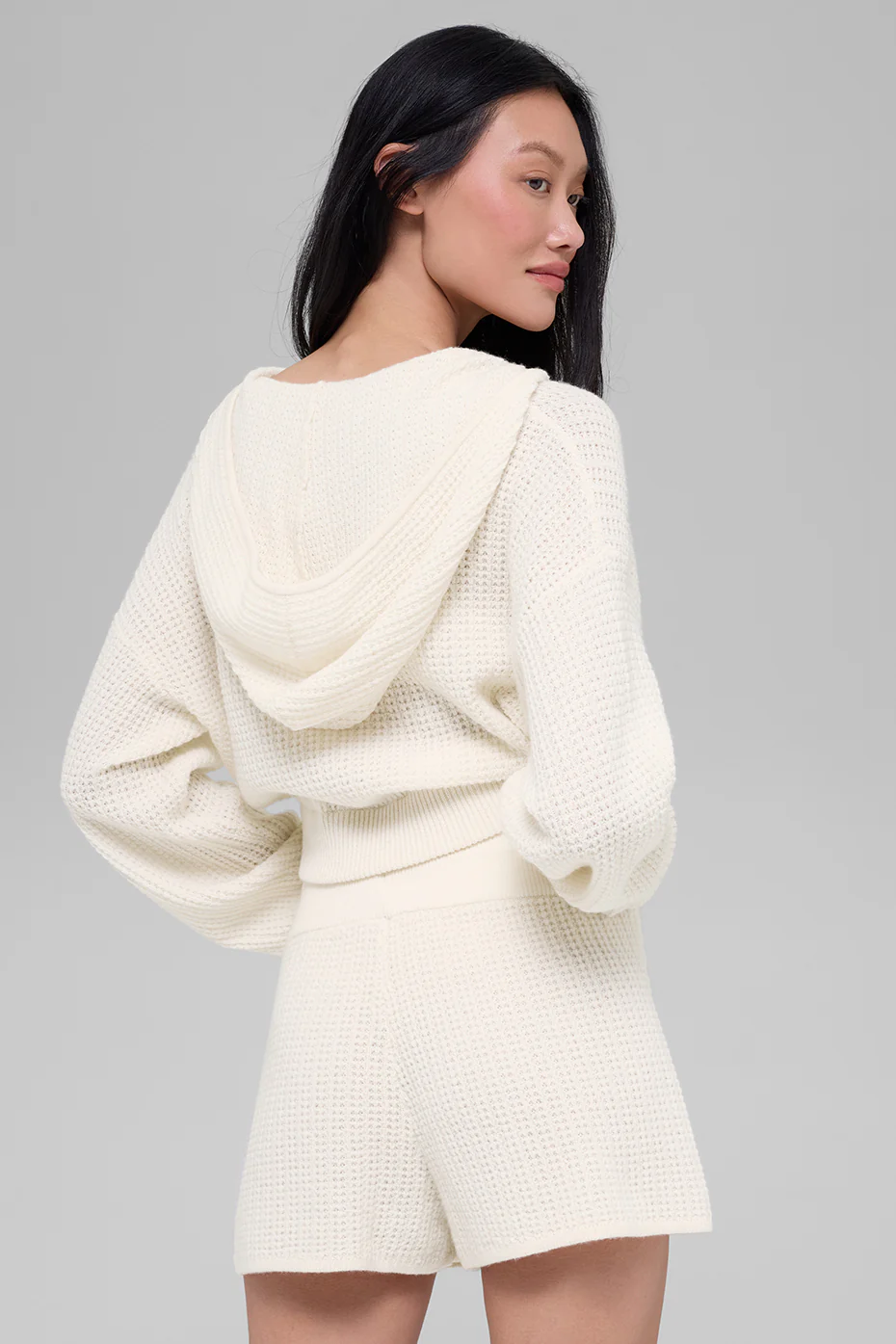 Cashmere Plush Waffle Full Zip Hoodie - Ivory