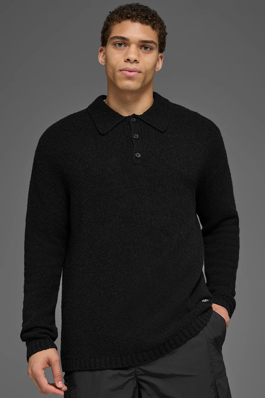 Textured Knit Long Sleeve Polo - Black