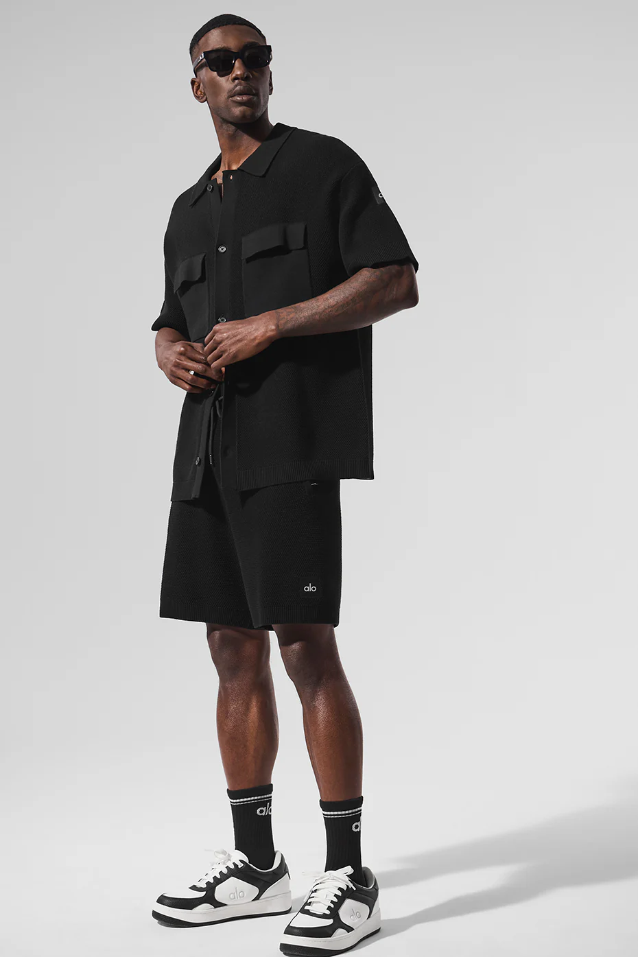 Sports Club Sweater Knit Short Sleeve Button Up - Black