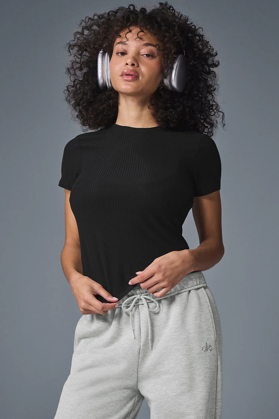 Ribbed Sea Coast Cropped Short Sleeve Tee - Black