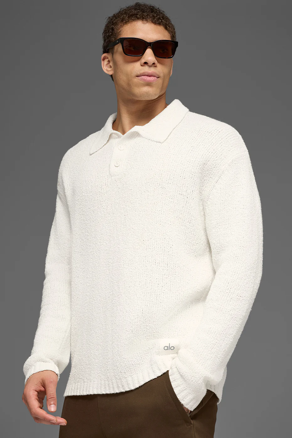 Textured Knit Long Sleeve Polo - Ivory