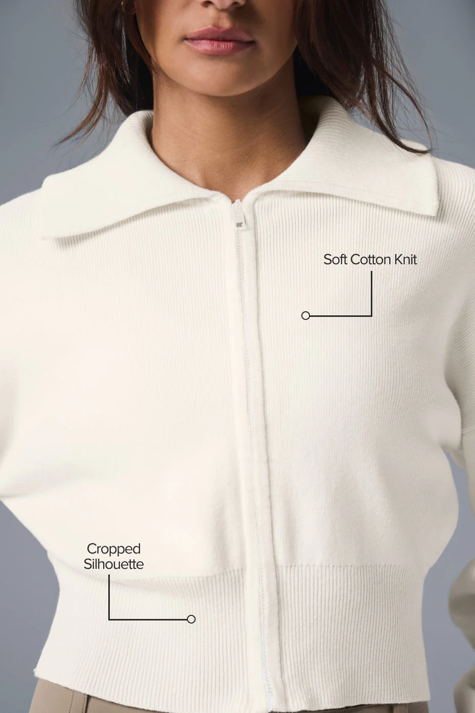 Scholar Knit Cropped Full Zip Jacket - Ivory