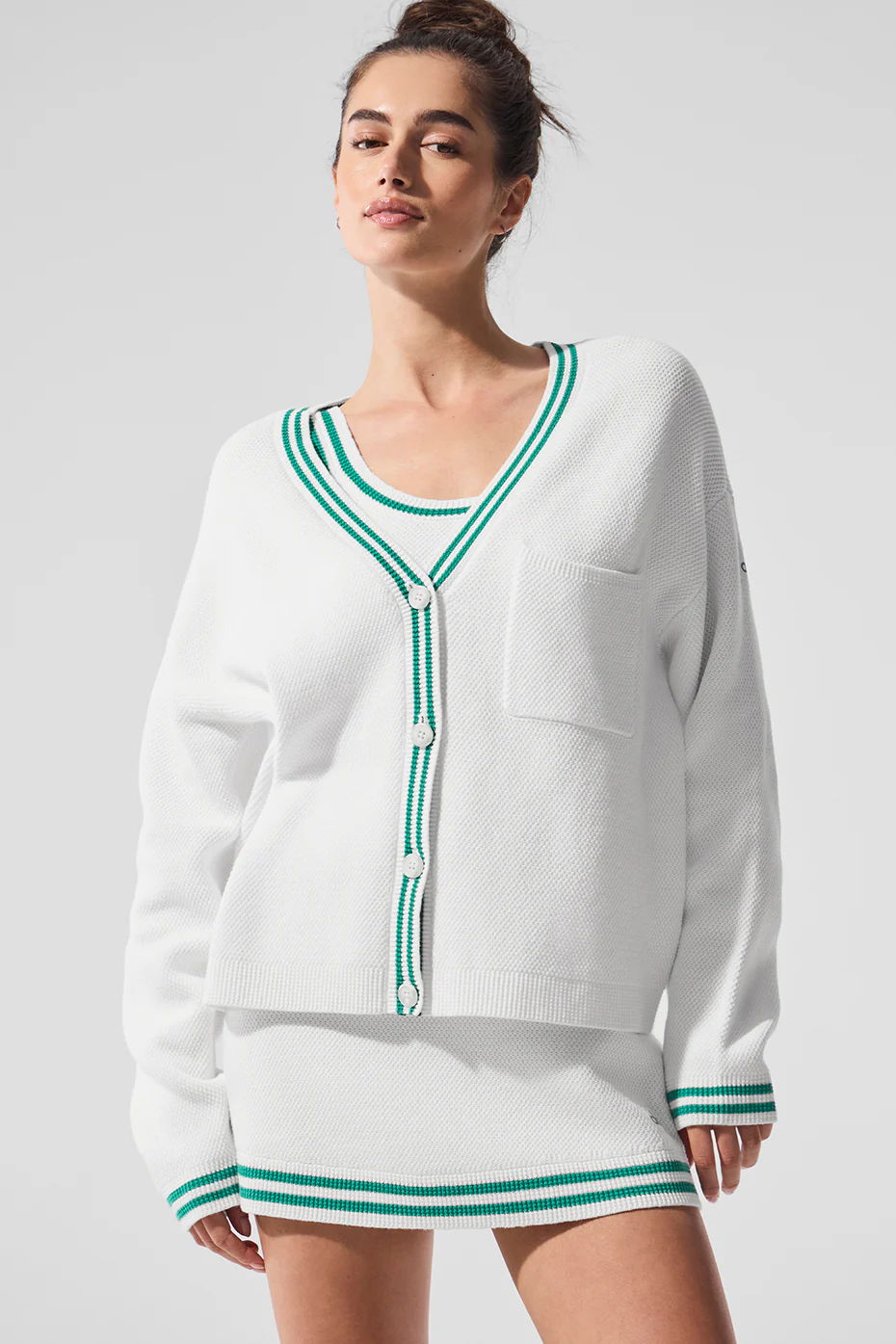 Tennis Club Sweater Knit Cardigan - White/Spruce Green