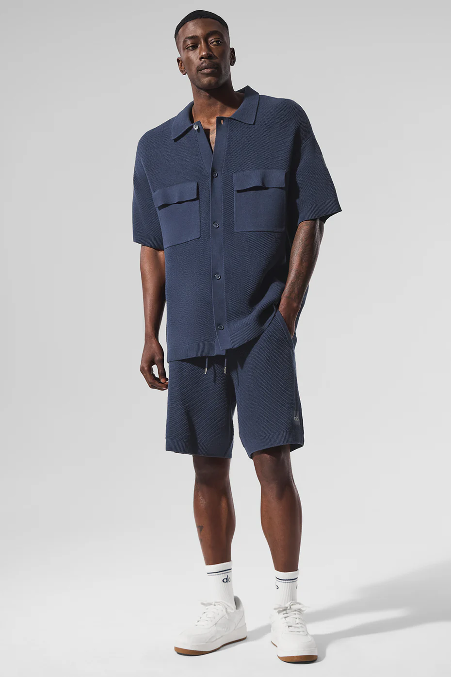 Sports Club Sweater Knit Short Sleeve Button Up - Navy