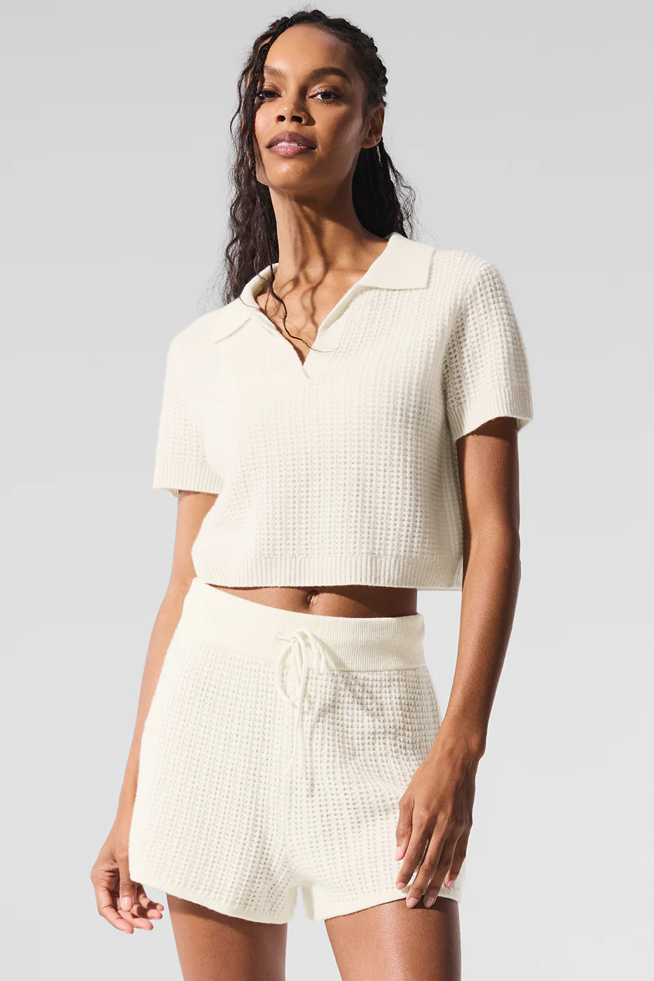 Cashmere Plush Waffle Polo Tee - Ivory