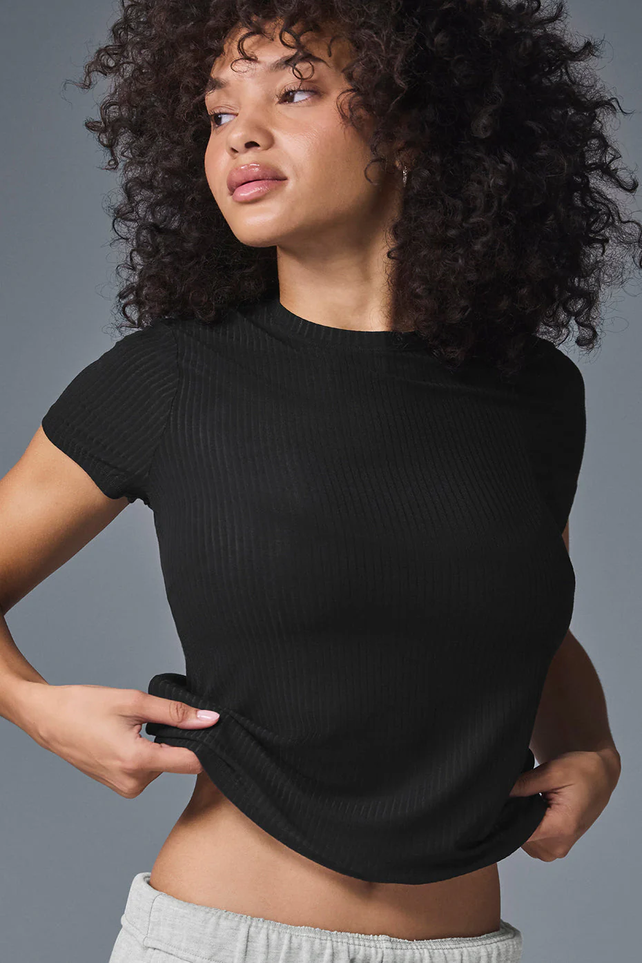 Ribbed Sea Coast Cropped Short Sleeve Tee - Black