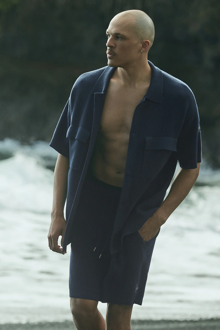 Sports Club Sweater Knit Short Sleeve Button Up - Navy