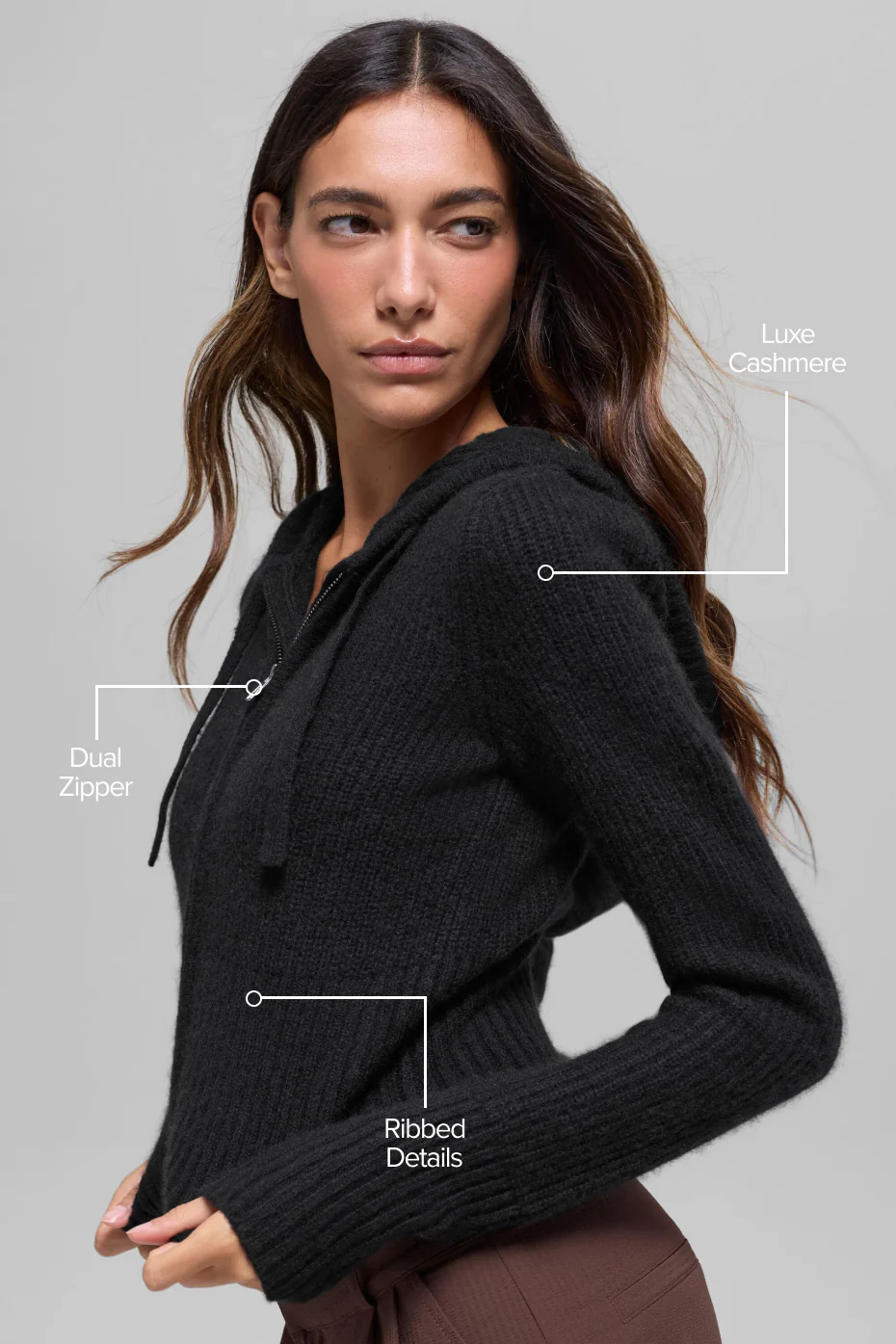 Wool Cashmere Ribbed Noble Full Zip Hoodie - Black