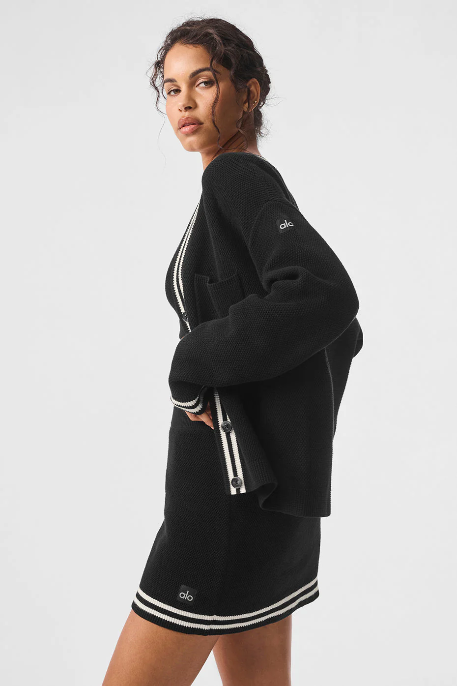 Tennis Club Sweater Knit Cardigan - Black/Ivory