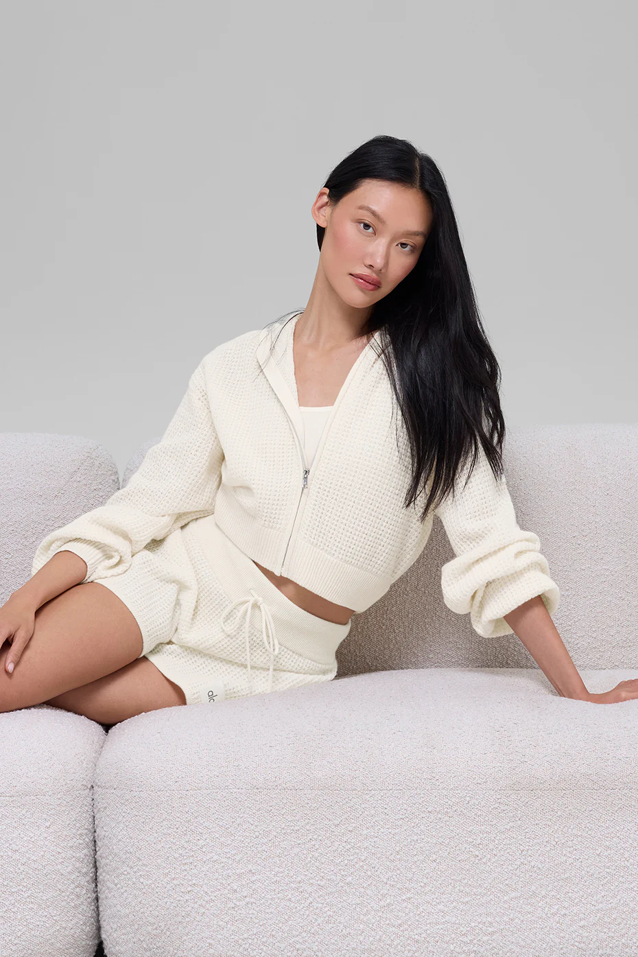 Cashmere Plush Waffle Full Zip Hoodie - Ivory