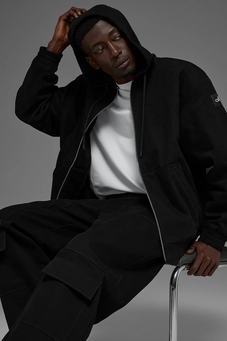 Cotton Canvas Full Zip Hoodie - Black