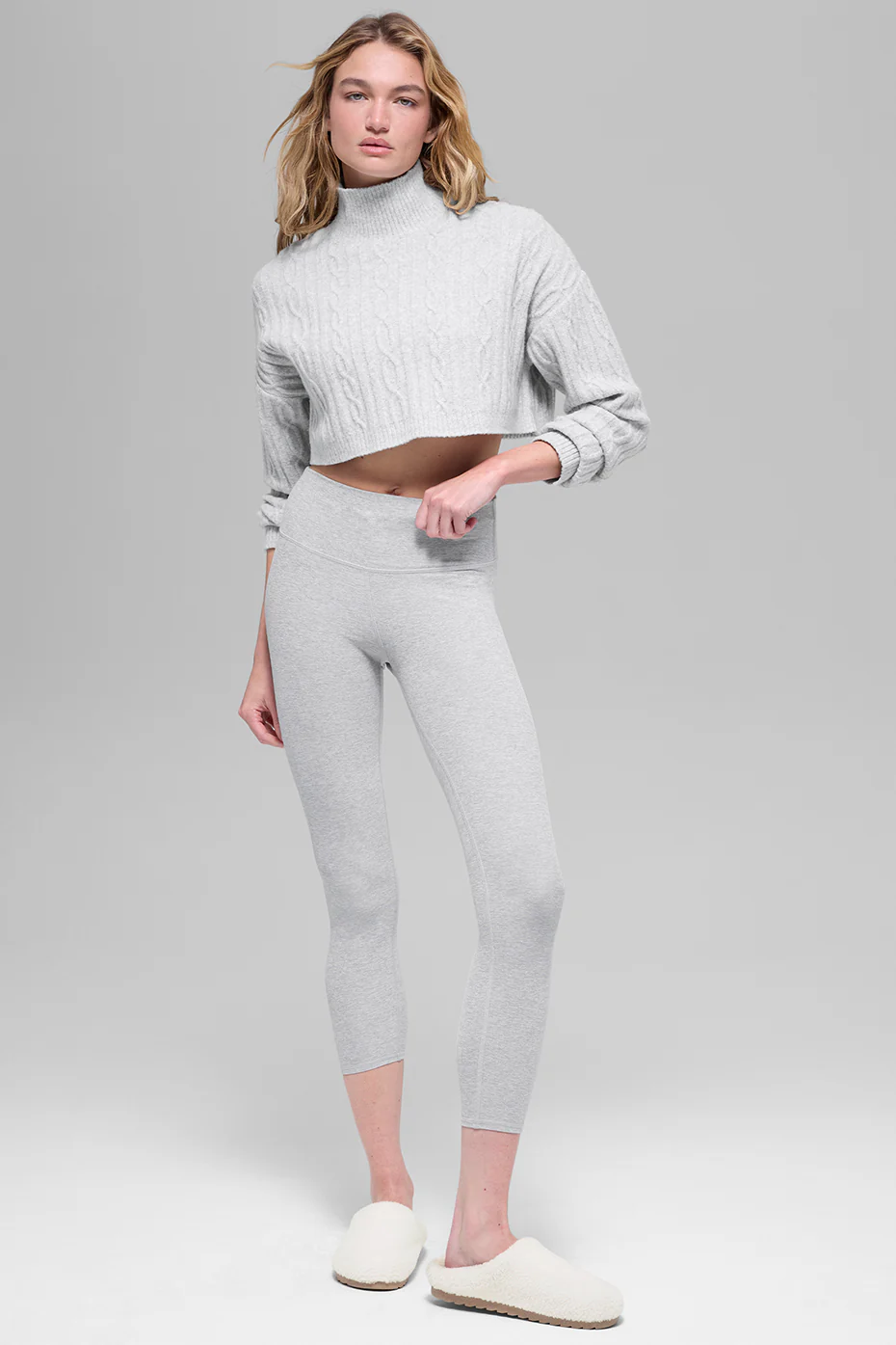 Cable Knit Cropped Winter Bliss Turtleneck Long Sleeve - Athletic Heather Grey