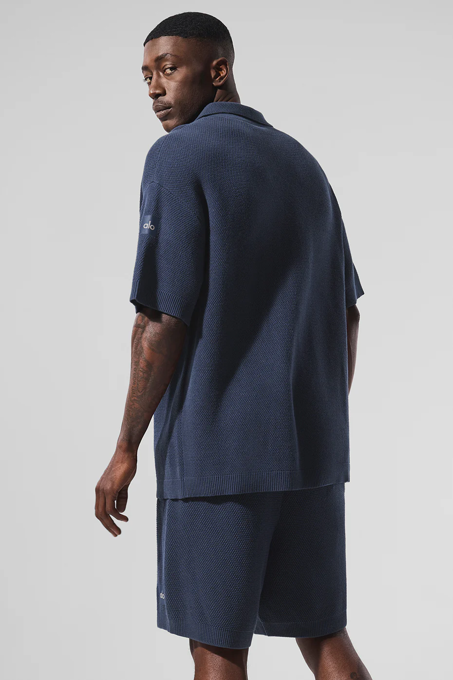 Sports Club Sweater Knit Short Sleeve Button Up - Navy