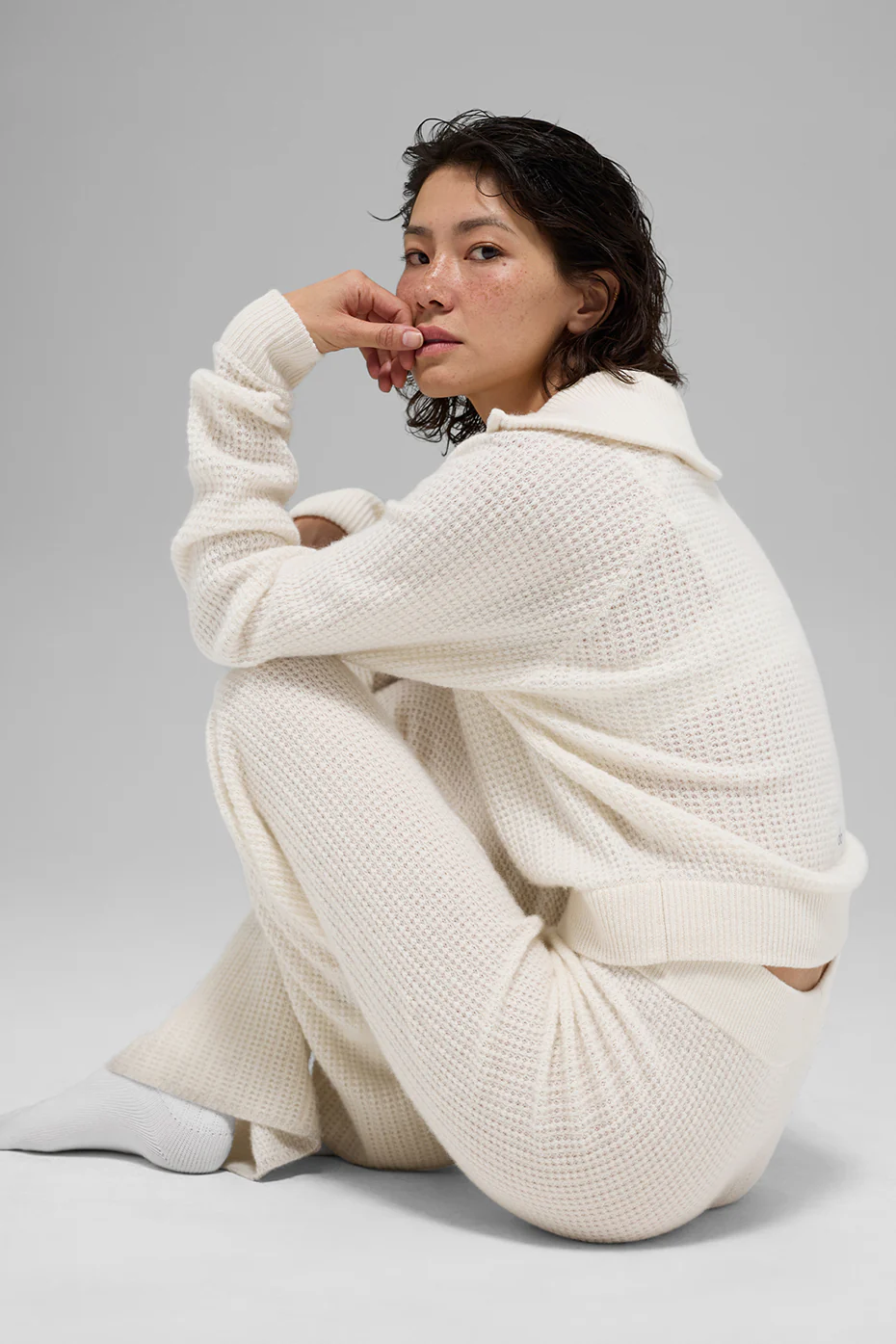 Cashmere Plush Waffle 1/4 Zip Pullover - Ivory