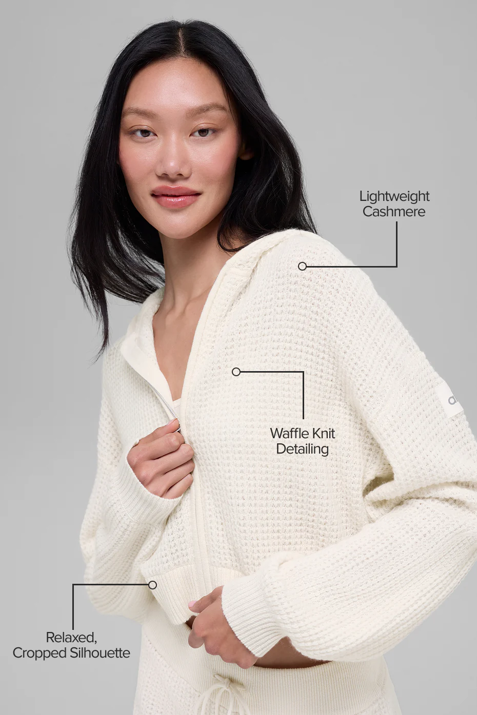 Cashmere Plush Waffle Full Zip Hoodie - Ivory