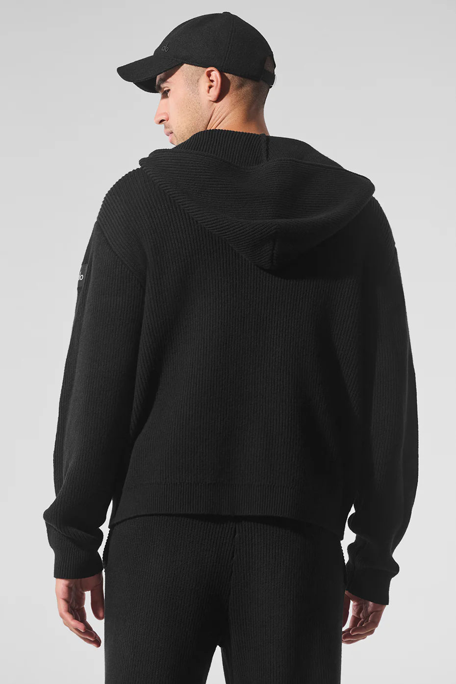 Domain Rib Knit Full Zip Sweater - Black